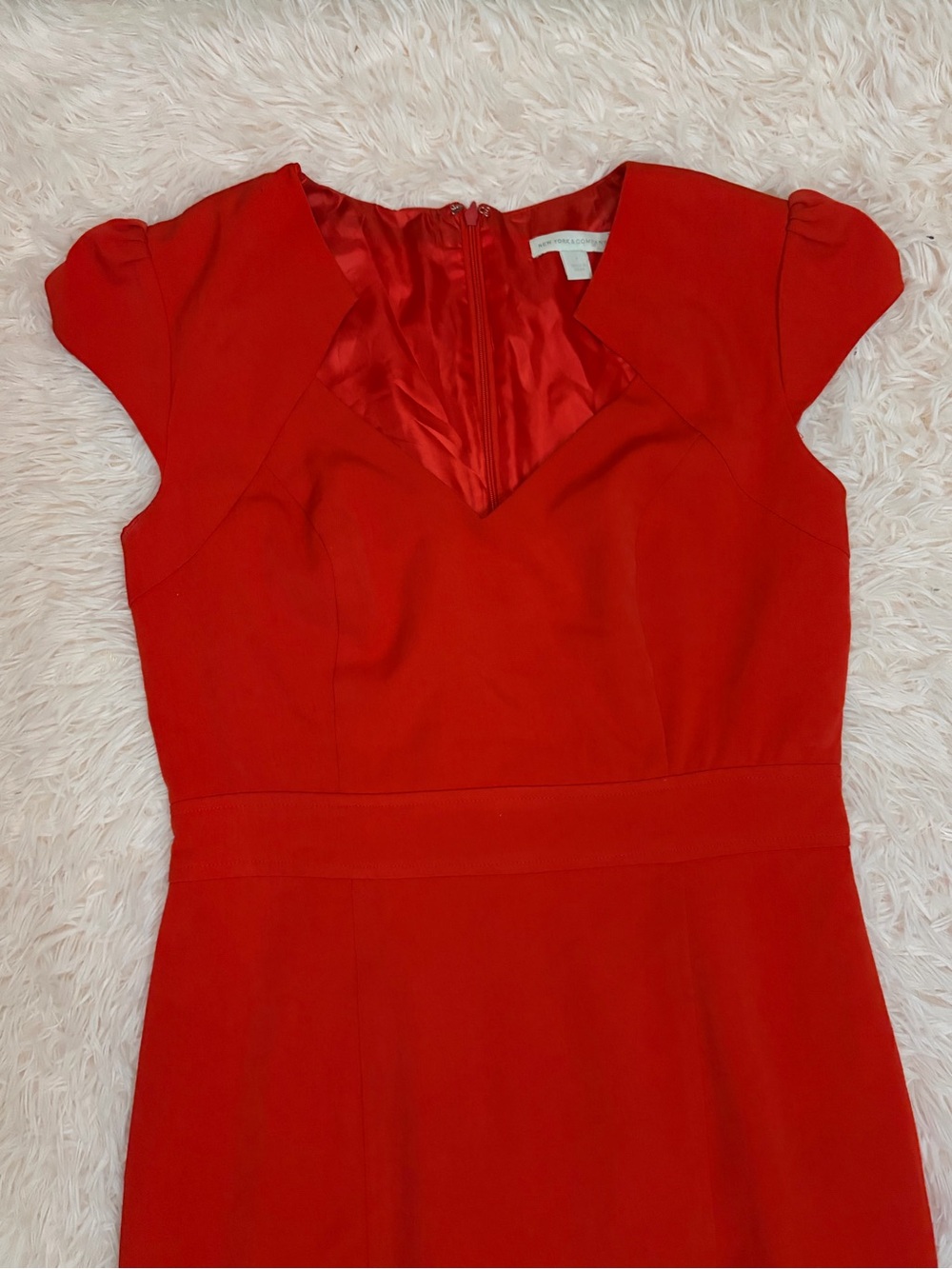 New York & Company Red V-neck Cap-Sleeve Fit & Flare Midi Dress